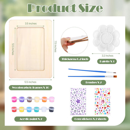 Fovths 10 Pcs Wooden Picture Frames for Crafts, 4 x 6 Inch DIY Wood Frames with Gem Stickers Acrylic Paint Brushes Palette, Unfinished Wood Photo Frame for DIY Painting Arts Projects Decorate