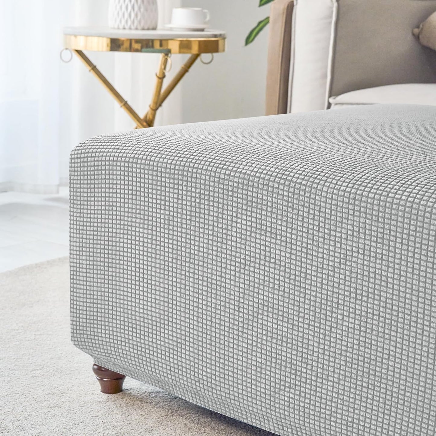 ANWUCHEN Ottoman Cover - Stretch Knitted Jacquard Square Slipcover - Soft Thick Storage Foot Stool Cover With Elastic