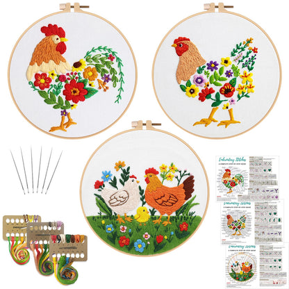 Louise Maelys 3 Sets Chicken Embroidery Kits for Beginners,Cross Stitch Kit for Adults,Art Craft Starters Needlepoint with Rooster,Hen and Farm Lawn Pattern and Tool