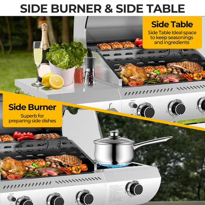 34,000 BTU 3-Burner Propane Gas Grill with Side Burner, All Stainless Steel BBQ Grill, Cast Iron Grates & Portable Cart with Wheels，Outdoor Barbecue Grill for Backyard, Patio, Camping (G31 PRO)