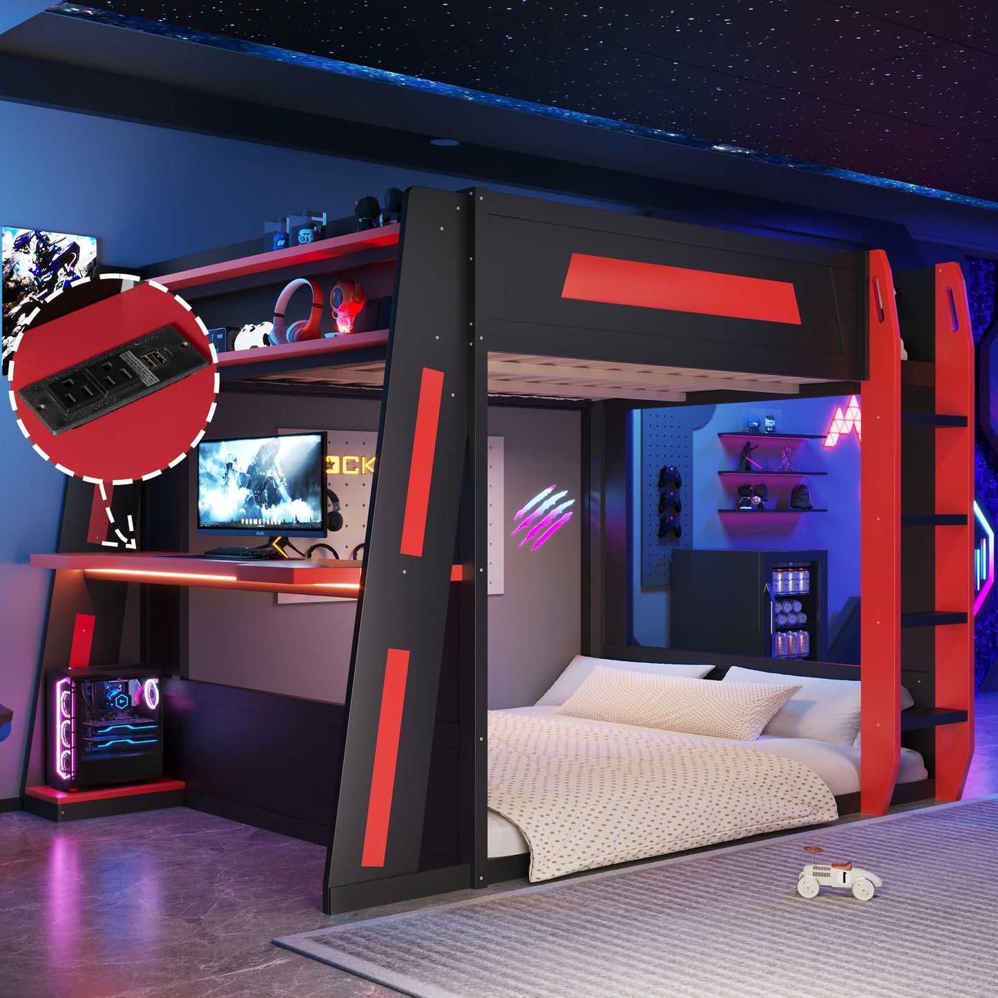 Merax Queen Over Queen Wooden Gaming Bunk Bed with Built-in Desk, LED Lights, USB Port, and 2 Storage Shelves, Solid Wood Gaming Loft Bed for for Bedroom, Black+Red