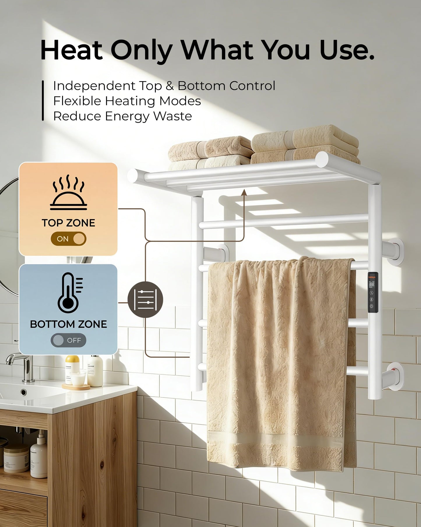 Caldayx Foldable Heated Towel Rack, Dual-Zone Electric Towel Warmer Rack with Timer, GFCI Plug-in or Hardwired, Wall-Mounted, Drill-Free Installation, Matte White, CA3-700X550-Standard-MW