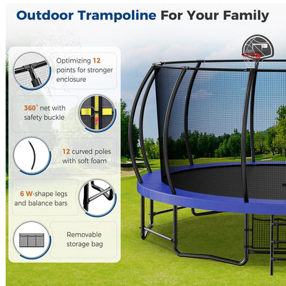 Tatub 16FT Upgrade Pumpkin Trampoline for Kids and Adults, Outdoor Recreational Trampolines with Basketball Hoop & Enclosure Net, Curved Poles & Storage Bag, Blue