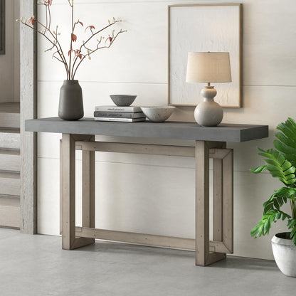 Merax Wood Entryway Console Table, Modern Line Frame with Industrial Concrete Top, for Living Room/Hallway/Foyer, Grey