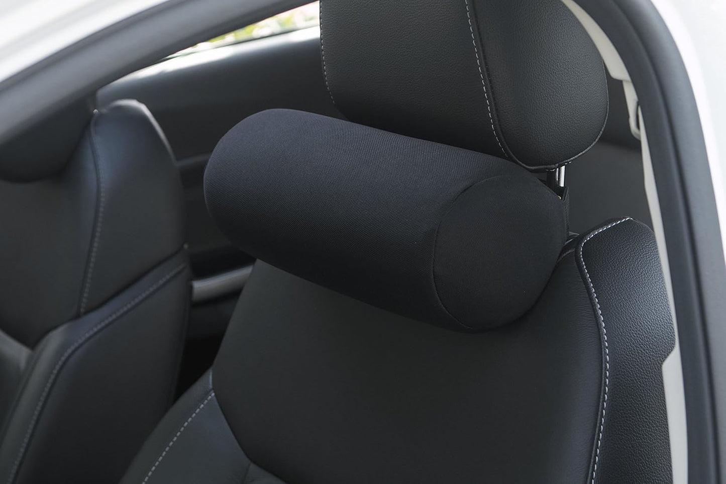 ALIBO Memory Foam Car Neck Pillow with Adjustable Strap, Soft Auto Cervical Round Roll Bolster Headrest, Black, 1 Piece