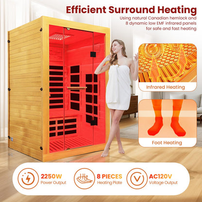 OUTEXER Infrared Sauna 2000W Wooden Saunas Home Spa Room Canadian Hemlock Wood Low-EMF Indoor Saunas with with Red Light Beauty Lamp for Two Person 74.8 * 47.2 * 41.3Inch