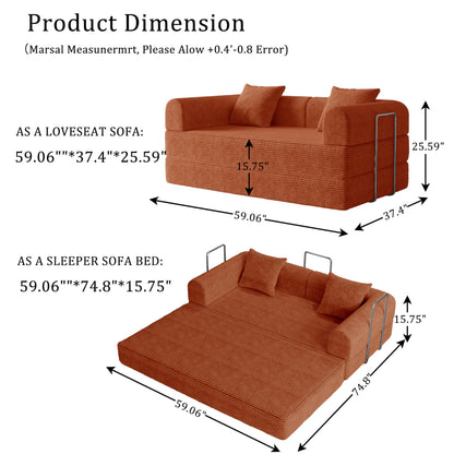 HouseMila 59" Boneless Couch,4-in-1 Futon Sofa Bed Modular Loveseat Sleeper Folding Compressed Couch with Pillows,No Assembly Required Convertible Sofa Bed for Living Room Bedroom Guest Room,Orange