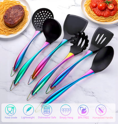 Silicone Cooking Utensils Set, 17pcs Kitchen Utensil Set with Rotatable Holder, Heat-Resistant Silicone Utensils for Cooking, Non-Stick Spatula Set with Stainless Steel Handle,Turner,Ladle (Rainbow)