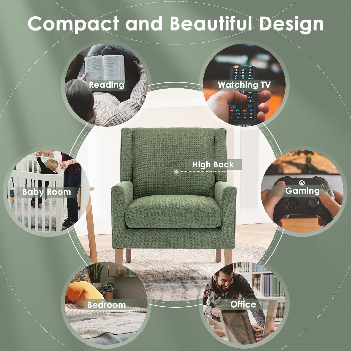 COLAMY Modern Wingback Living Room Chair Set of 2, Upholstered Fabric Accent Armchair, Single Sofa Chair with Lounge Seat and Wood Legs for Bedroom/Office/Reading Spaces, Green