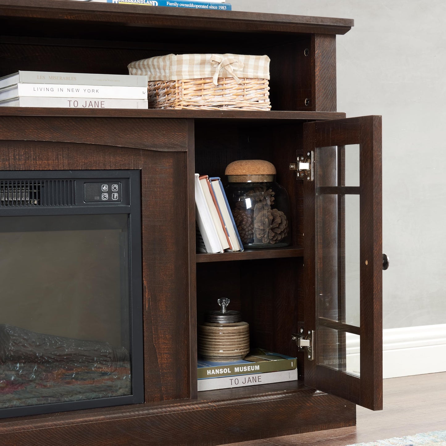 Trygoal Farmhouse TV Stand for 60 Inch TV, 58" Wood Entertainment Center with Glass Doors & 5 Cable Routing Holes, Sturdy Media Console Table for Living Room & Bedroom, Brown