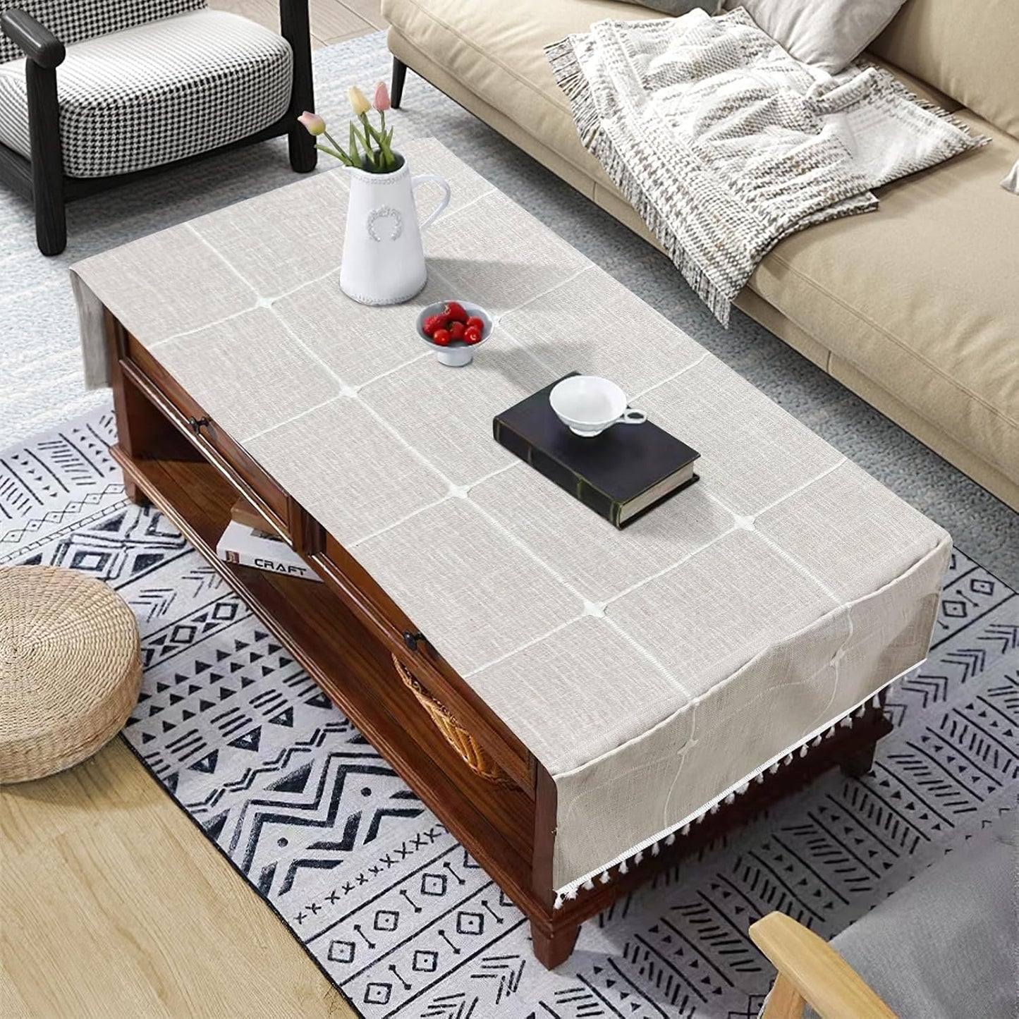 Bzvystux Coffee Table Cloth, Table Cover with Pockets and Tassel,Coffee Grid for Living Room Small Rectangle