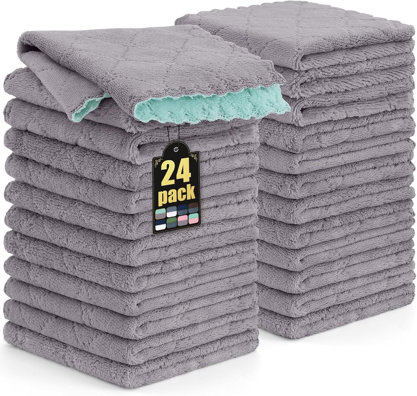 24 Pack (10" 10", Mordimy Kitchen Cloths Dish Towels x Grey & Green), Super Soft and Absorbent Dish Cloths, Coral