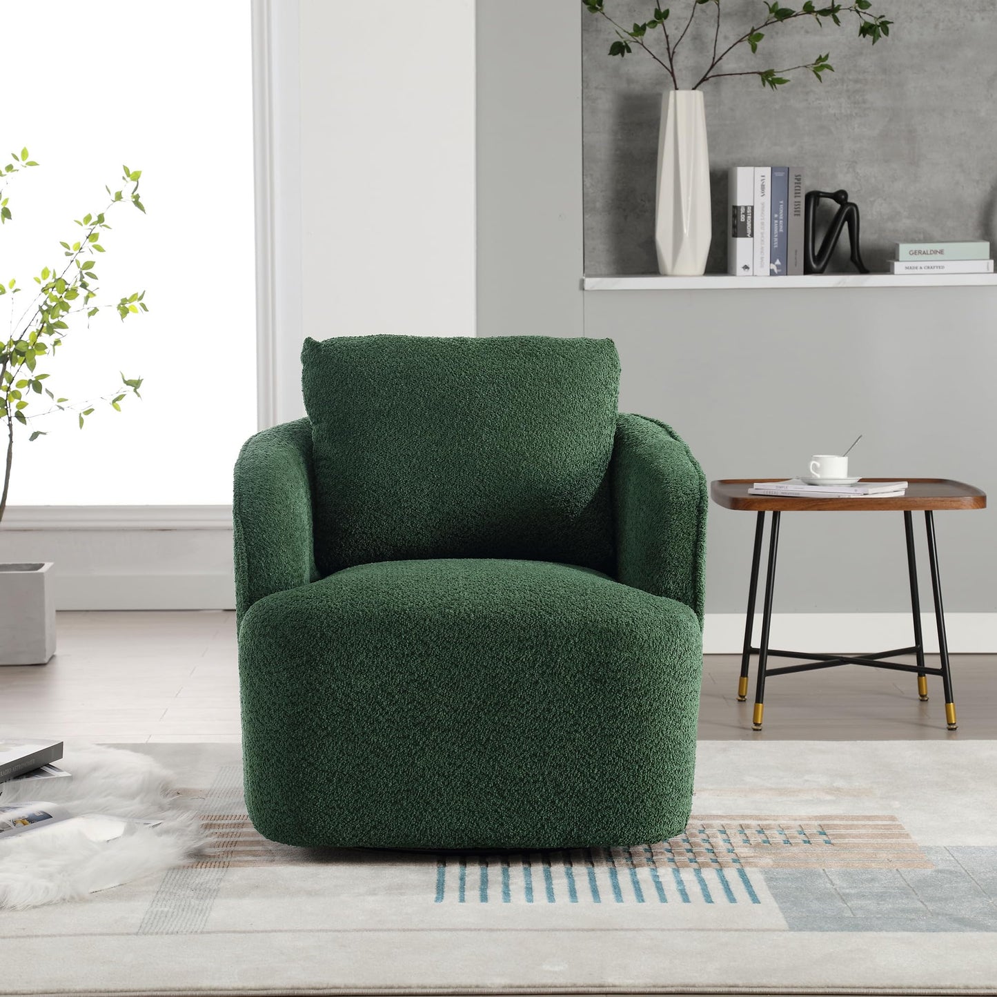 KEIKI 30" Boucle Round Accent Oversized Single Sofa Chair with High Resilience Cushion, Modern Style Upholstered Swivel Accent Barrel Chair, Lounge Armchair, Easy Assembly, for Living Room, Green