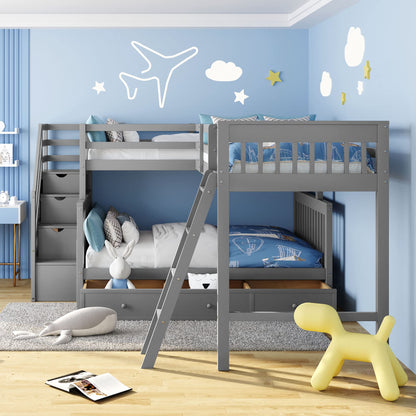 Merax Bunk Bed with a Loft Attached, Triple Bedframe with Drawers, Guardrails and Ladders, Gray Platform, L-Shaped Twin Over Full