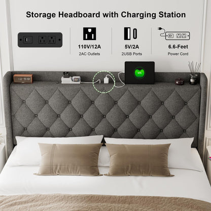 Feonase Queen Bed Frame with Storage & Charging Station - Hydraulic Lift Up Platform Bed, Upholstered Button Tufted Headboard, Sturdy Wooden Slats, Noise-Free, No Box Spring Needed, Dark Gray