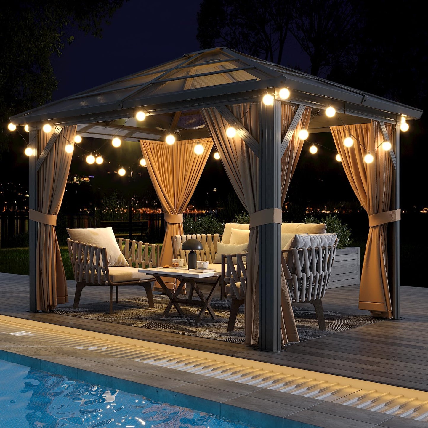 10' x 12' Hardtop Gazebo, Permanent Outdoor Pavilion with Single-Tier Hardtop Roof, Thickened Mosquito Netting, Double Track & Double Zipper Design for Patio, Lawn, Garden, Brown