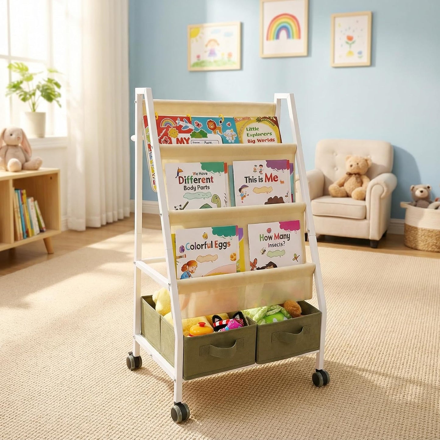 EARLY MINDS 3-Tier Kids Bookshelf with Storage, Wheels & Handle, Montessori Sling Book Organizer for Toddlers