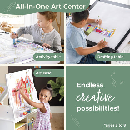 Guidecraft Design Studio – Black: 3-in-1 Kids Art Table & Stool Set, Writing, Crafting, Painting & Drafting Table for Kids with Craft Storage & Bins, Art Easel with Paper Roll, Toddler Activity Desk