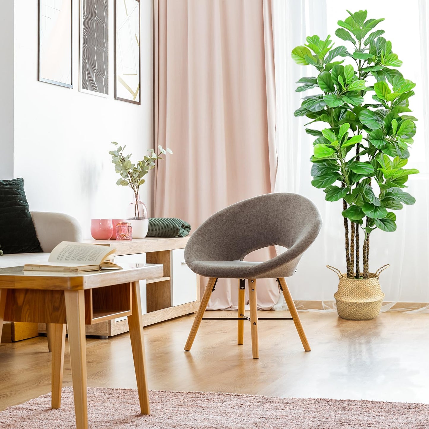 7ft Artificial Fiddle Leaf Fig Tree with Woven Seagrass Plant Basket, Fake Tree Indoor Faux Plant for Living Room Office Floor Home Decor (84 in-2Pack)