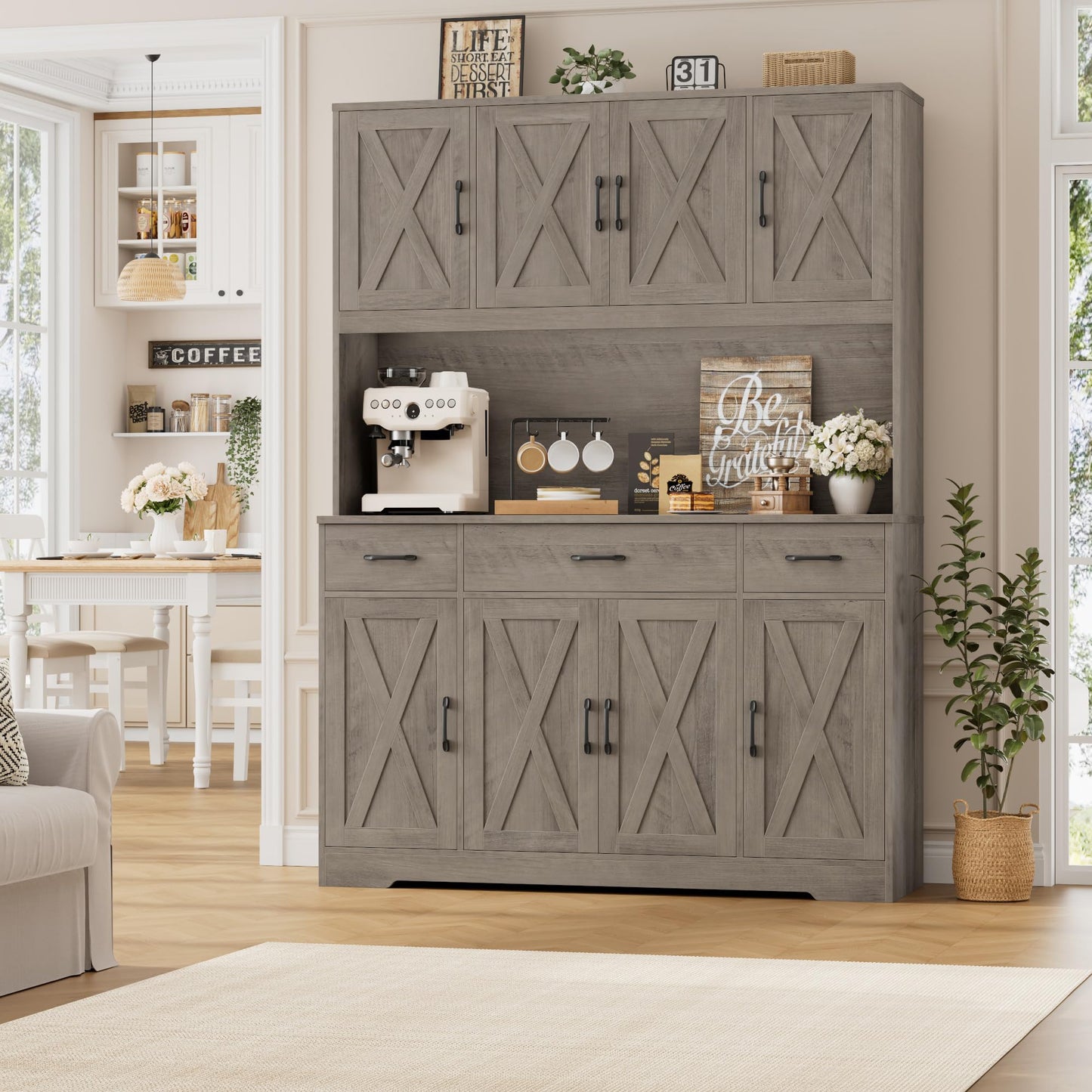 HOSTACK 71" Tall Pantry Cabinet with Charging Station, 55" Wide Kitchen Pantry Storage Cabinet with Countertop, Large Kitchen Hutch with Storage Drawers and Microwave Stand for Dining Room, Ash Grey