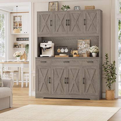 HOSTACK 71" Tall Pantry Cabinet with Charging Station, 55" Wide Kitchen Pantry Storage Cabinet with Countertop, Large Kitchen Hutch with Storage Drawers and Microwave Stand for Dining Room, Ash Grey