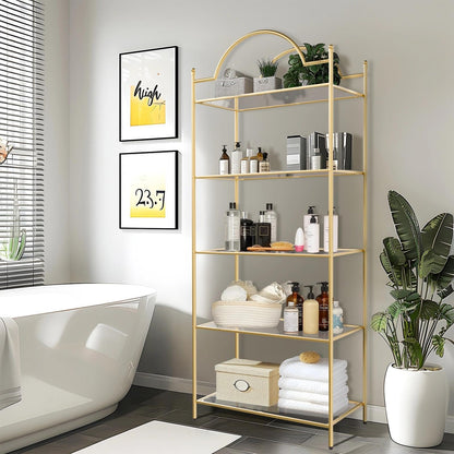 GIFTTROVE 5 Tier Bookshelf, Gold Book Shelf for Storage, Metal Tall Storage Display Bookcase, Modern Open Arched Book Case for Bedroom, Living Room, Glass Office Organization Shelf, 66.3" X 26" X 13"