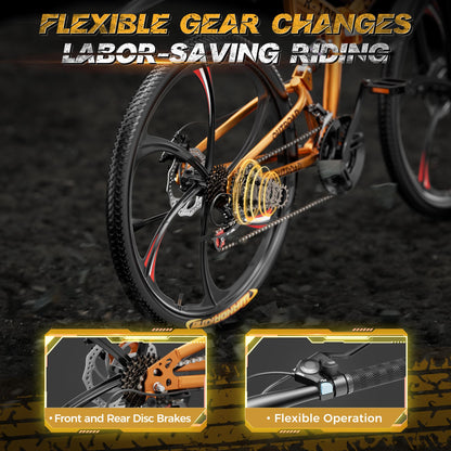 MarKnig 26 Inch Adult Folding Bikes/Mountain Bikes, 21 Speeds Mountain Bicycles with Full Suspension, Dual Disc Brake, High Carbon Steel Frame, Foldable Bike for Men/Women/Teen, HM-Orange