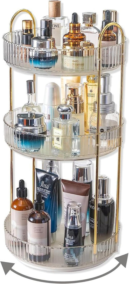 Asayuee 360 Rotating Makeup Organizer - Large 3-Tier Storage for Skincare & Cosmetics | Clear Finish