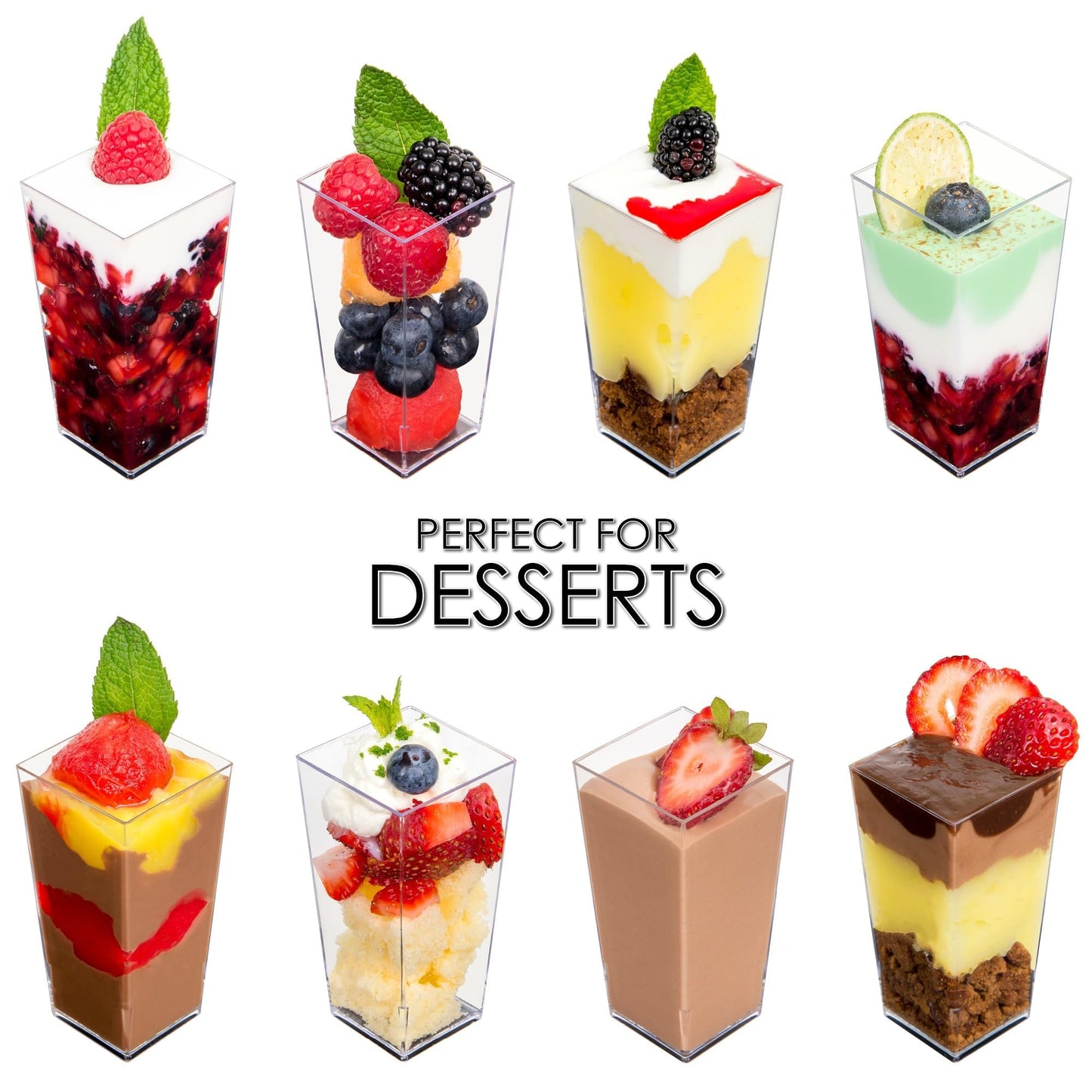 DLux 100 x 3 oz Mini Dessert Cups with Spoons, Square Tall - Clear Plastic Parfait Appetizer Cup - Small Reusable Serving Bowl for Party Desserts Appetizers - with Recipe Ebook