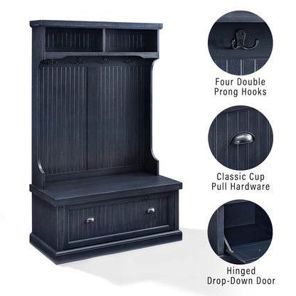 Crosley Furniture Seaside Hall Tree with Shoe Rack Bench and Coat Hooks for Hanging Storage, Distressed Navy
