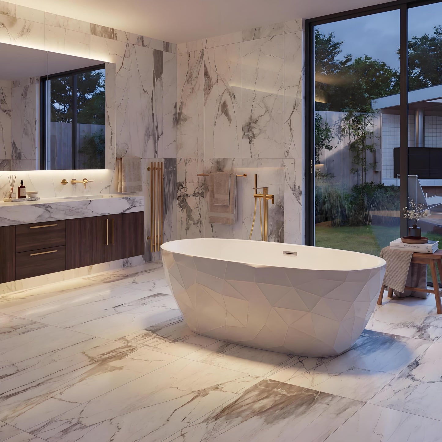 Freestanding Bathtub 59", Diamond Shape Acrylic Tub with Chrome Overflow & Pop-Up Drain, Modern White Soaking Tub for Bathroom