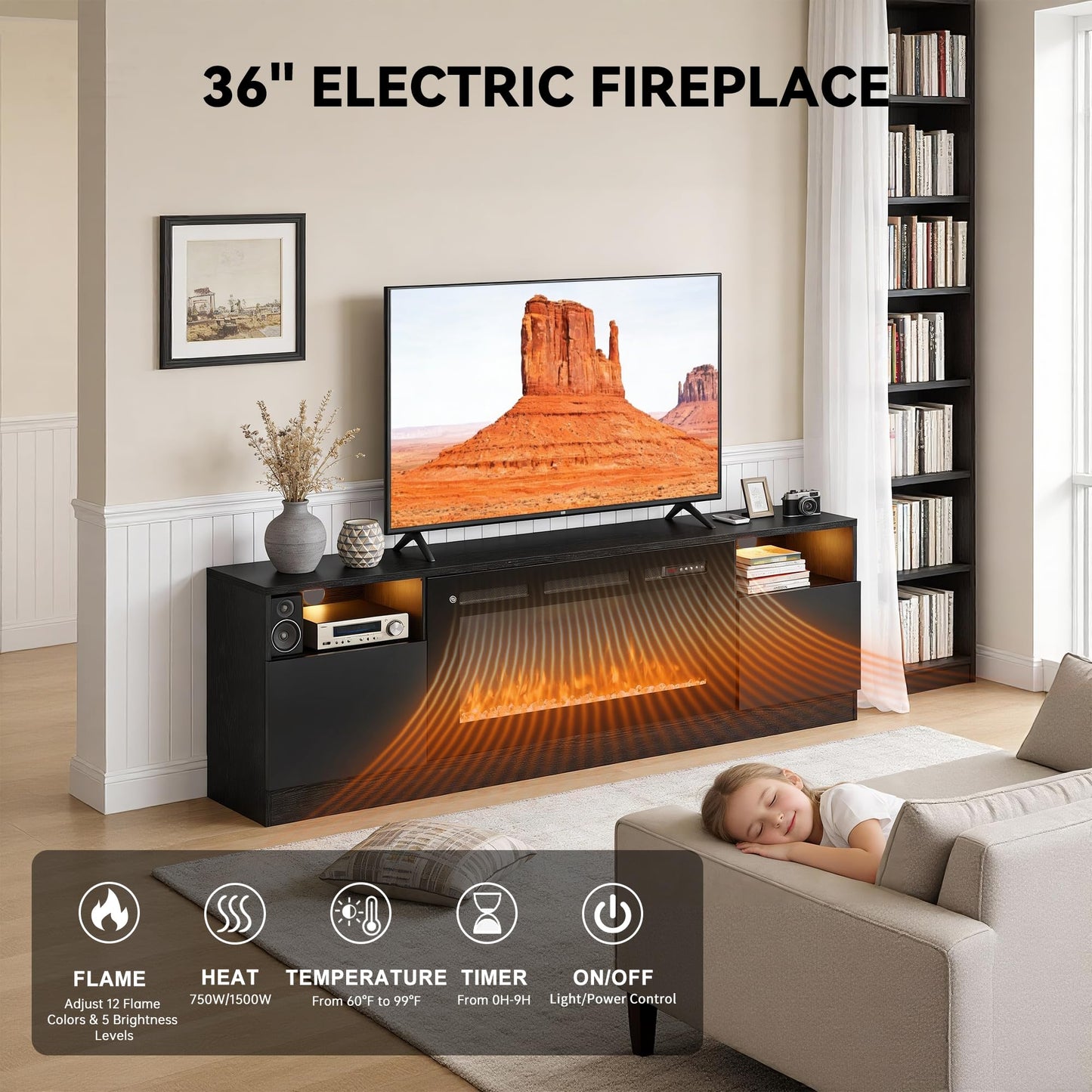 OneBlis 70" Fireplace TV Stand with 36" Electric Fireplace, LED Light Entertainment Center for TVs Up to 80", High-Gloss Door, Modern TV Console for Living Room with Storage Cabinet, Black+Black