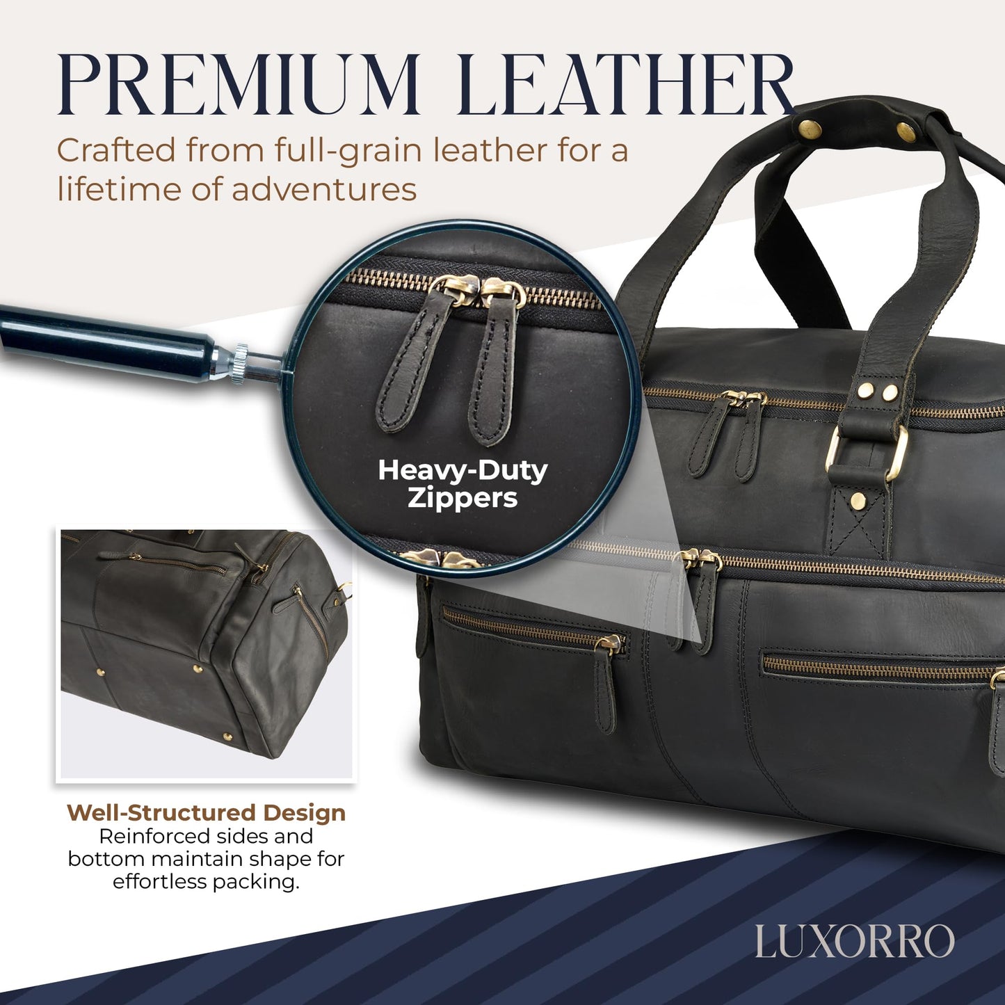 Luxorro Full Grain Leather Duffle Bag for Men | TSA Approved 22x14x9 Carry On Luggage | 22 Inch, 45L Capacity | Overnight Weekender & Travel Duffel | Black