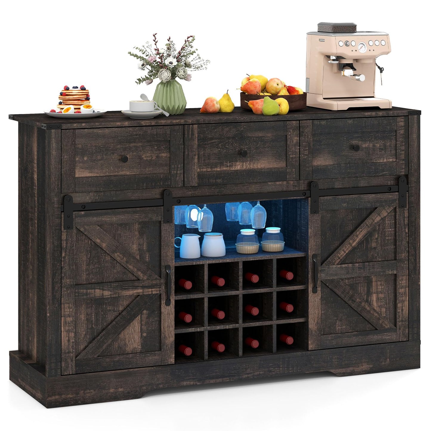 Giantex Wine Bar Cabinet with LED Lights, 52" Buffet Sideboard w/Sliding Barn Door, 3 Drawer, Adjustable Shelf, 12 Bottle Wine Rack & Glass Holder, Farmhouse Coffee Station for Living Room