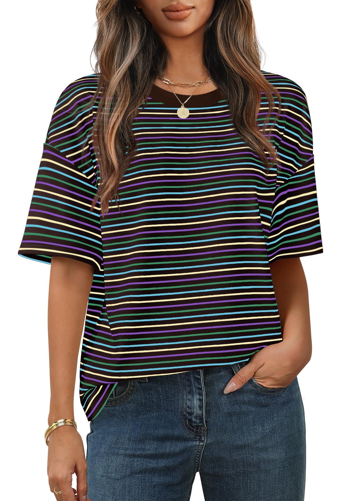 MEROKEETY Women's Summer Short Sleeve Shirt Casual Colourful Striped Crewneck Loose Tops Blouse, Black, Small