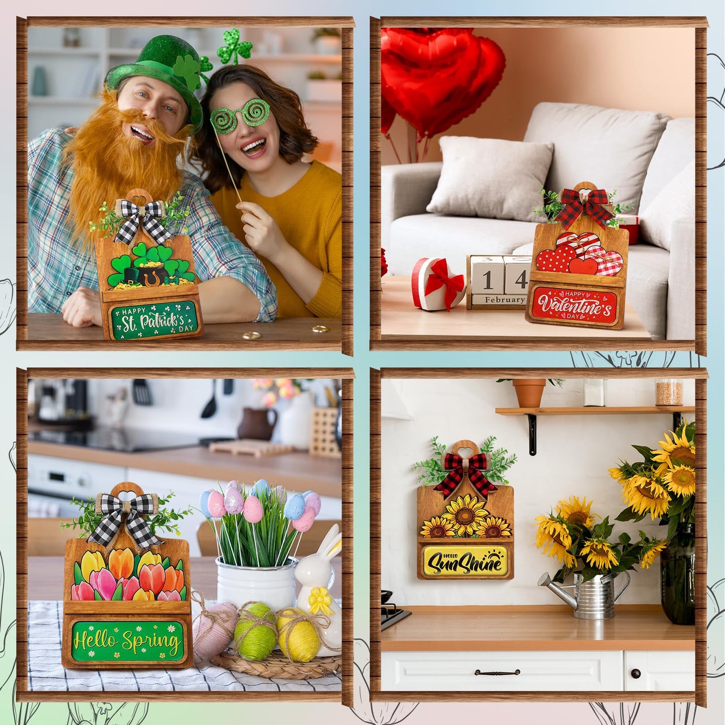 GlikCeil 37 Pcs Interchangeable Seasonal Decor Farmhouse Breadboard Interchangeable Seasonal Tier Tray Decor Holiday Halloween Thanksgiving Christmas Wooden Decoration with Bow for Table Kitchen