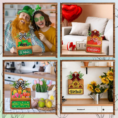 GlikCeil 37 Pcs Interchangeable Seasonal Decor Farmhouse Breadboard Interchangeable Seasonal Tier Tray Decor Holiday Halloween Thanksgiving Christmas Wooden Decoration with Bow for Table Kitchen