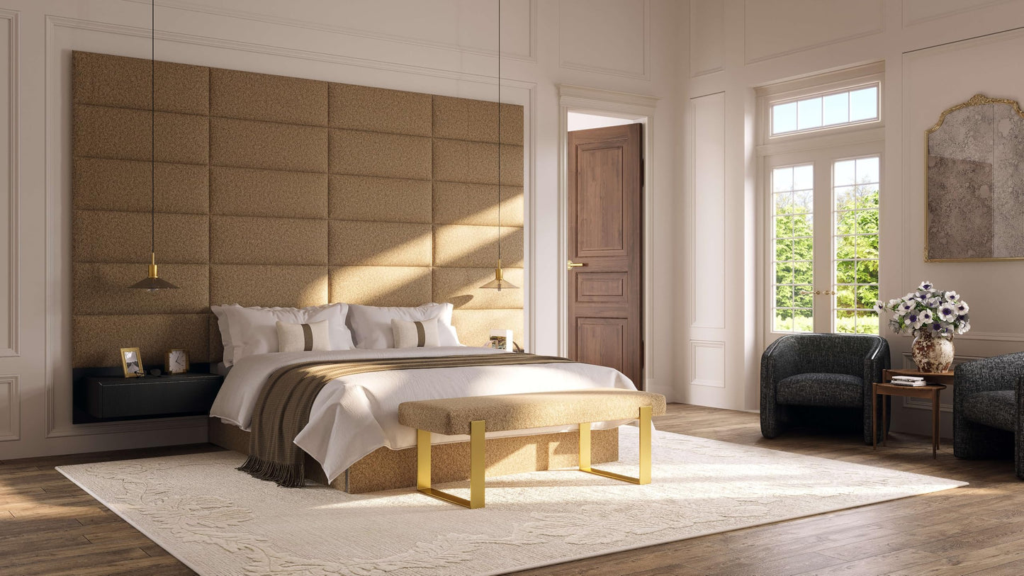 VANT Upholstered Bed Bench - Vintage Leather Dusty Taupe - Burnished Brass - Contemporary Modern, Bedroom Bench Seat, Hallway, or Entryway