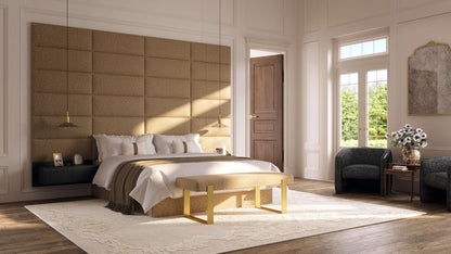 VANT Upholstered Bed Bench - Vintage Leather Dusty Taupe - Burnished Brass - Contemporary Modern, Bedroom Bench Seat, Hallway, or Entryway