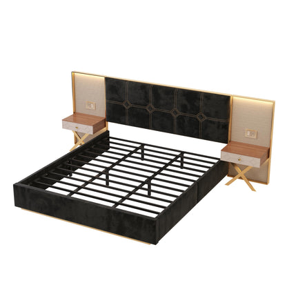 GDFStudio King Size Velvet Platform Bed Frame with LED Wall Lights & Floating Nightstands, Upholstered Headboard with Metal & Wood Frame, No Box Spring Needed, Easy Assembly, Black