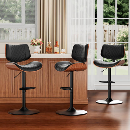 FervorFurn Swivel Bar Stools Set of 3, Adjustable Bar Stool for Kitchen Island, Mid-Century Modern PU Leather Counter Height Bar Stools with Back and Footrest, Easy Assembly, Black