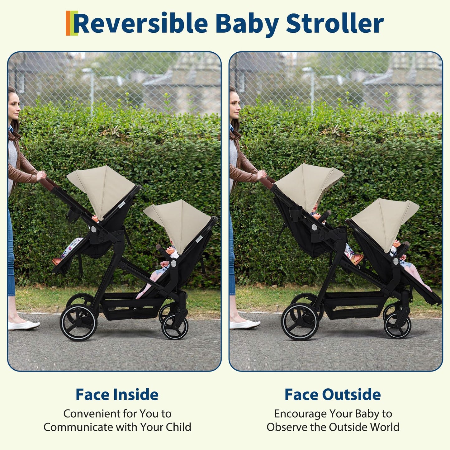 Tandem Double Stroller for Twins, Foldable Baby Stroller for Newborns 0-6 Months, Reversible Adjustable Seats, Shock-Absorbing Swivel Wheels & One-Step Brake, Storage Basket & Sun Canopy, Beige