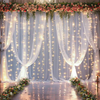 10FT x 7FT White Sheer Curtains with Lights String Tulle Curtain for Living Room Bedroom Parites Wedding Birthday Decorations 2 Panels 60" Wｘ84 L