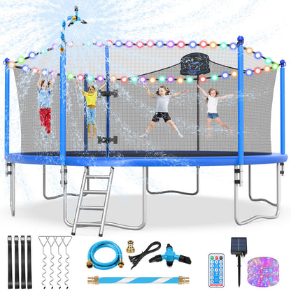 Lyromix Upgraded 16FT Trampoline with Lights, Large Outdoor Trampoline with Sprinkler,Basketball Hoop and Net, Capacity for 5-8 Kids and Adults, Classic Blue