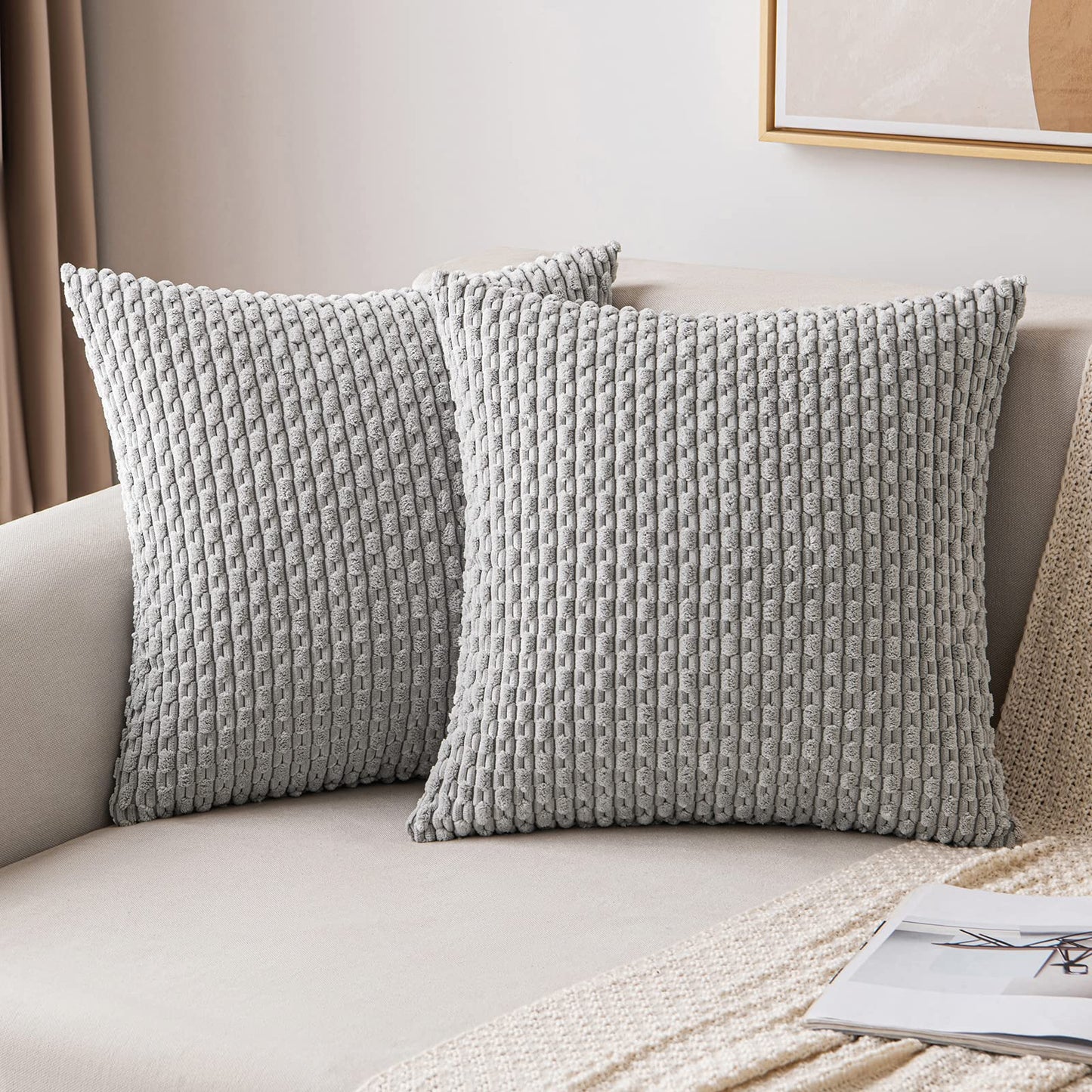 MIULEE Pack of 2 Decorative Throw Pillow Covers 18x18 Inch Soft Boho Striped Textured Corduroy Pillow Covers Modern Farmhouse Home Decor for Couch Bed Sofa Living Room Cream White