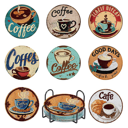 8 Pcs Coffee Diamond Art Coasters Kits with Holder, DIY Diamond Painting Coasters for Adults and Beginners, Small Diamond Art Kit Craft Supplies with Non-Slip Cork Base for Home Decor Gift 4.02inch