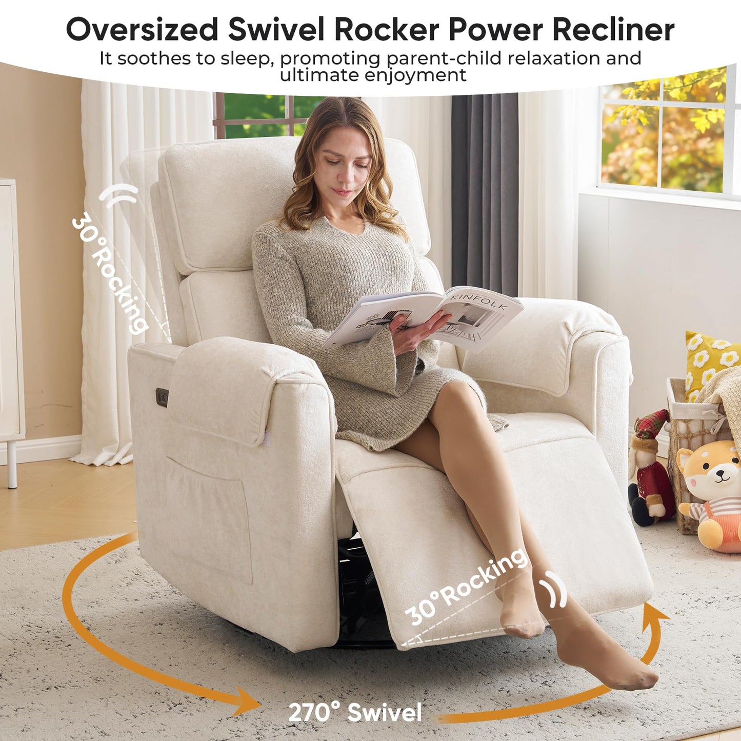 Rhevoy Oversized Power Rocker Recliner Chair, 26" Extra Wide Swivel Recliner with Adjustable Headrest, Chenille Glider Rocking Nursery Chair with Overstuffed Armrest, USB Ports, Cream