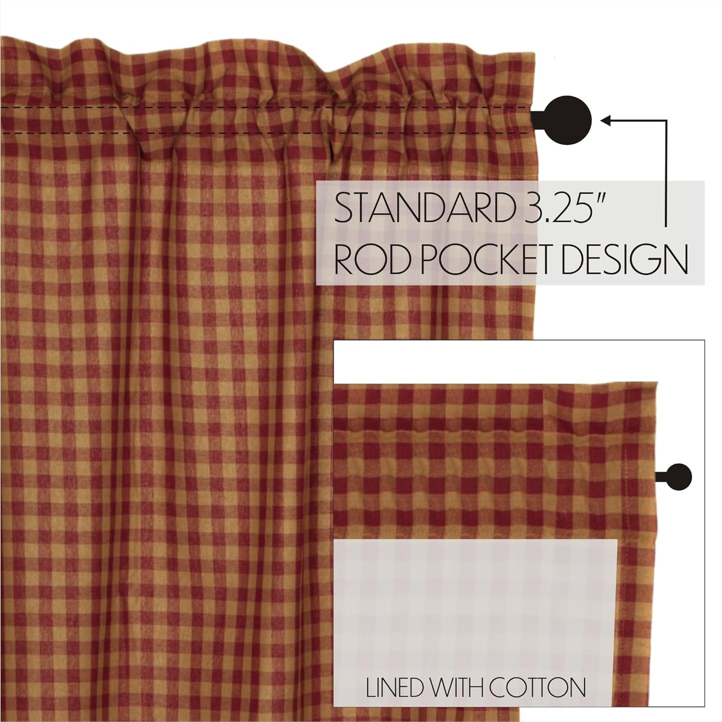 VHC Brands Burgundy Red Check Cotton Primitive Kitchen Curtains Rod Pocket 16x60 Valance
