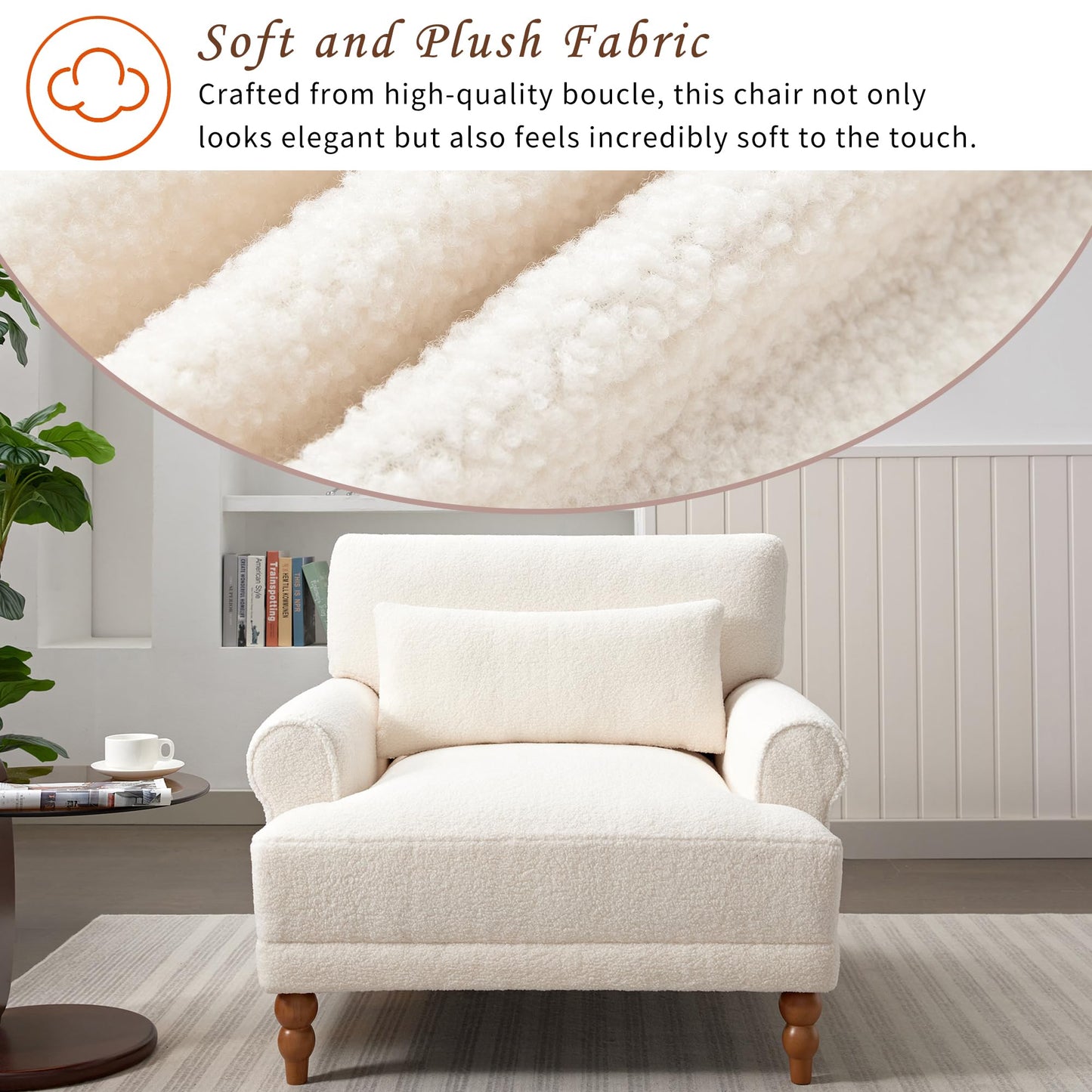 Christopher Knight Home Accent Chair, Boucle Club Chair, Upholstered Lounge Chair, Large Size Armchair Roman Column Legs, Cozy Reading Single Sofa Chair for Living Room, Bedroom, Home Study, White