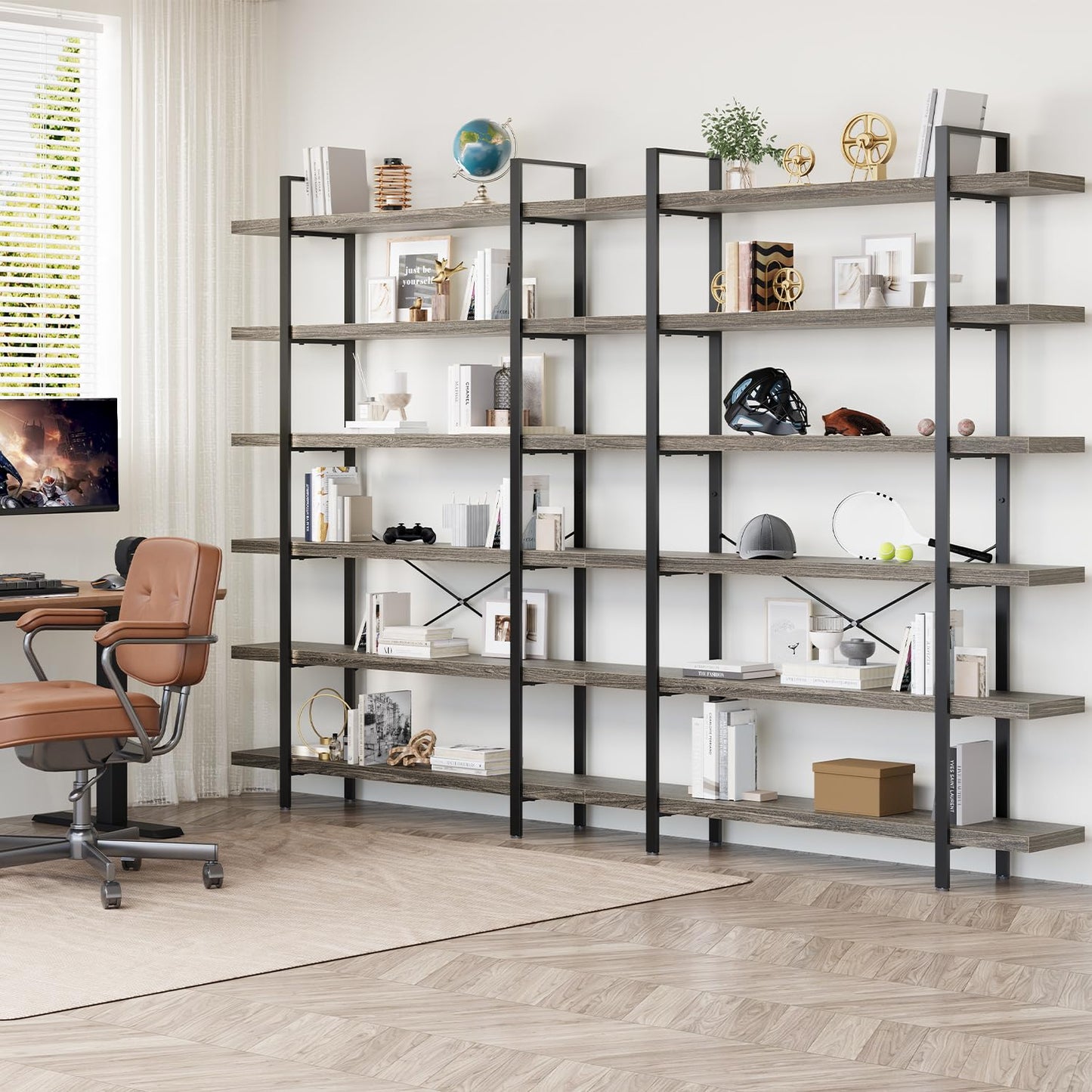 6 Tier Book Shelf, 47'' Wide Wood Industrial Bookshelf, 120lbs Shelf Capacity, Open Storage Shelves, 80'' Tall Heavy Duty Display Shelving, Rustic Grey Bookcase for Bedroom,Living Room,Office - 2Pcs